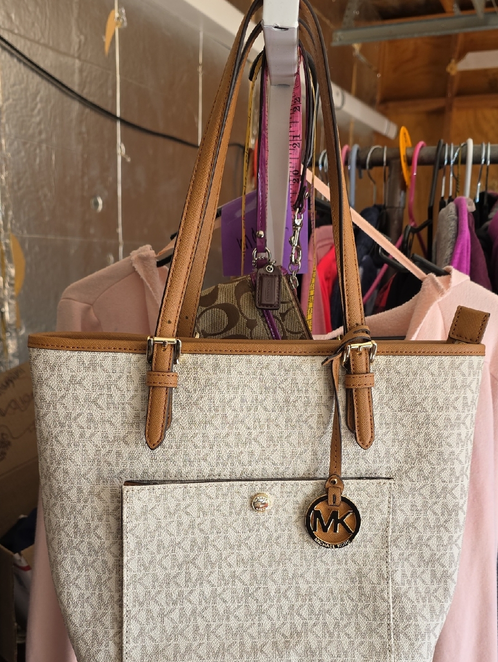 Michael Kors Cream Logo Tote with Tan Trim and MK Charm